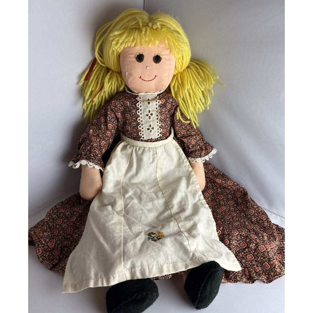 Vtg 1940's Handmade Cloth Doll with Sewn Face, Dress, Slip, Apron‎ Yarn Hair 24"